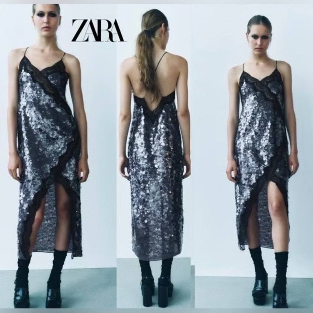 Zara ZW Collection Sequin Sequinned Lace Midi Dress Size M new with tags!